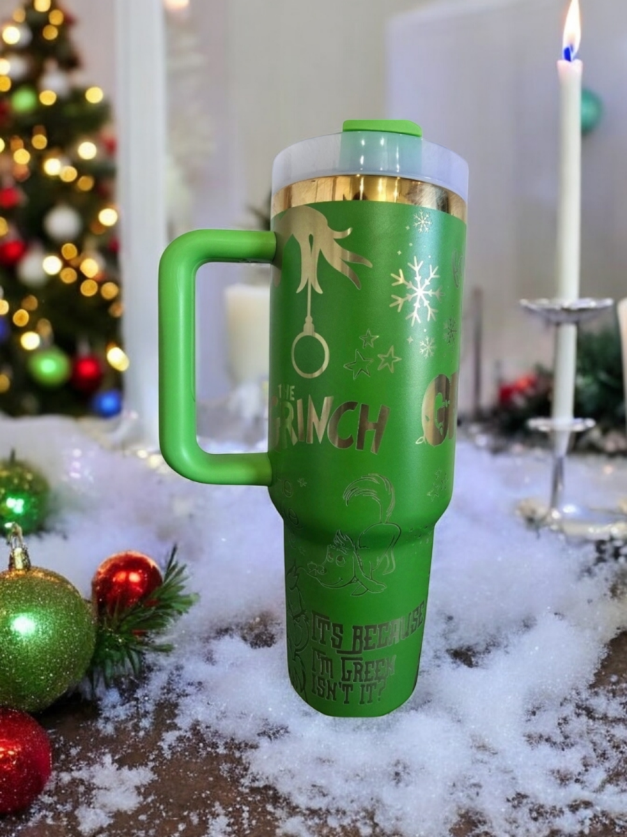 Stanley Inspired, Christmas Grinch 40oz Laser Engraved Insulated tumbler - East Coast Gifts
