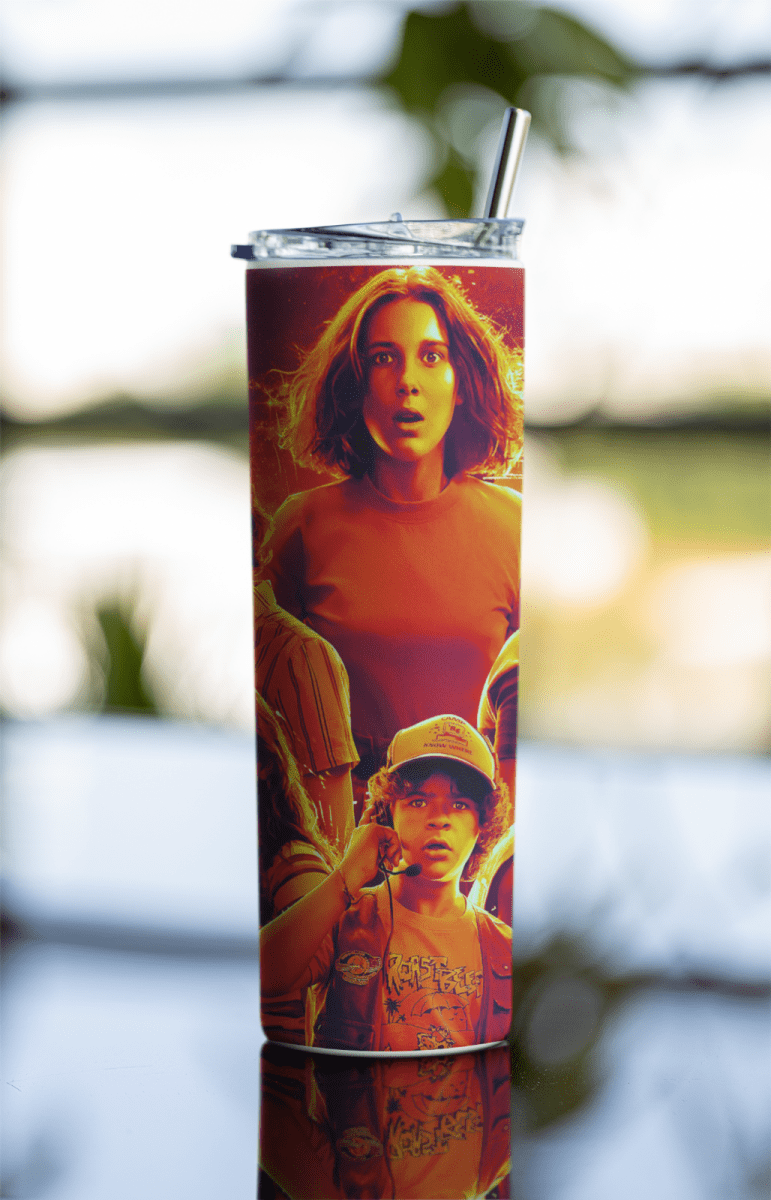 Stranger - Inspired 20oz Tumbler – Retro Sci - Fi Cast Design Cup w/ Straw & Lid - East Coast Gifts