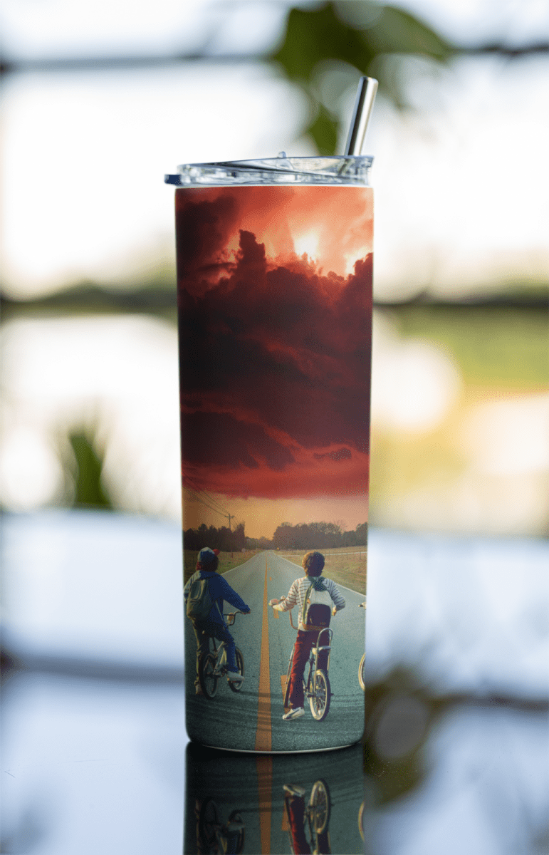 Stranger Things Bike Scene Tumbler – 20oz Insulated Cup with Dramatic Sky Art - East Coast Gifts