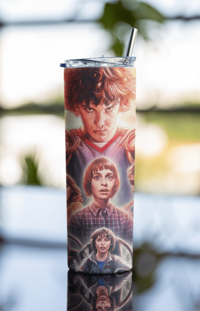 Stranger Things Character Collage Tumbler – 20oz Insulated Cup with Lid & Straw - East Coast Gifts
