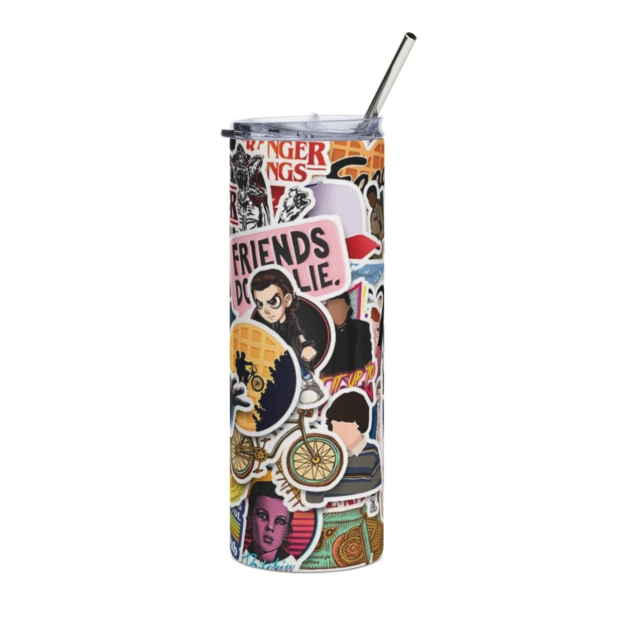 Stranger Things Sticker Collage Tumbler – 20oz Insulated Cup with Eleven & Logos - East Coast Gifts