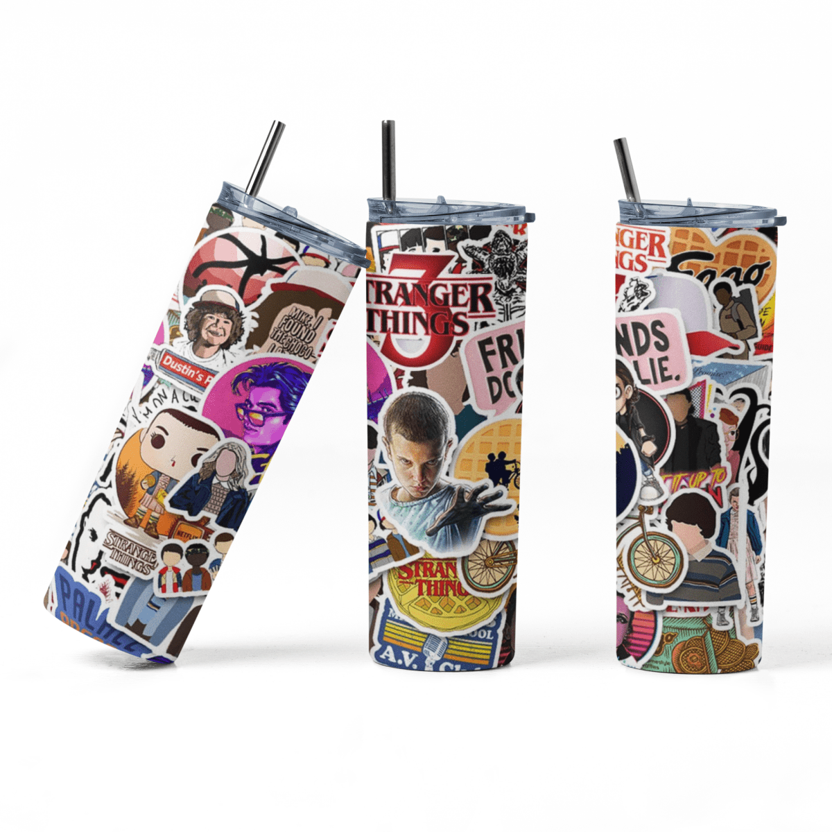 Stranger Things Sticker Collage Tumbler – 20oz Insulated Cup with Eleven & Logos - East Coast Gifts