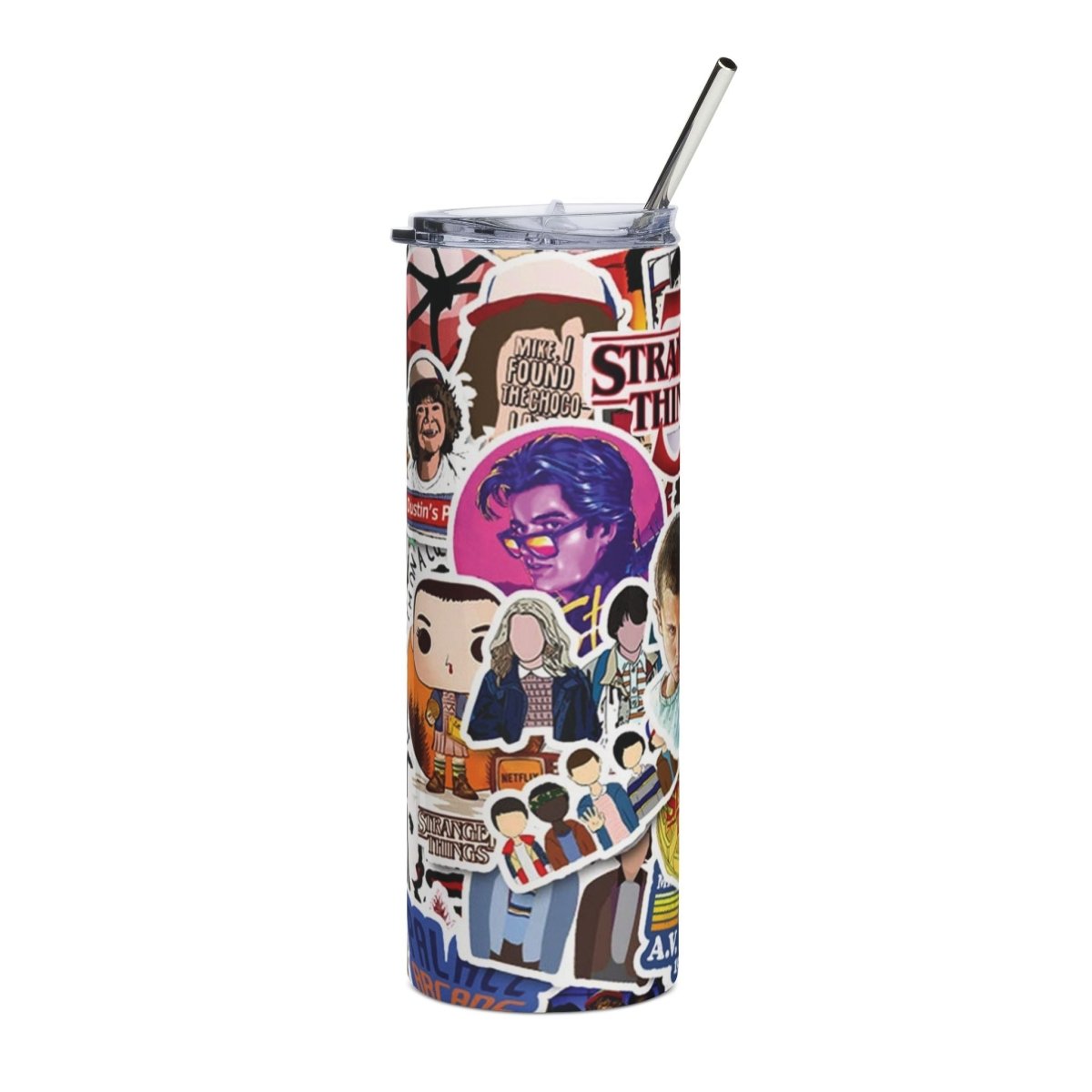 Stranger Things Sticker Collage Tumbler – 20oz Insulated Cup with Eleven & Logos - East Coast Gifts