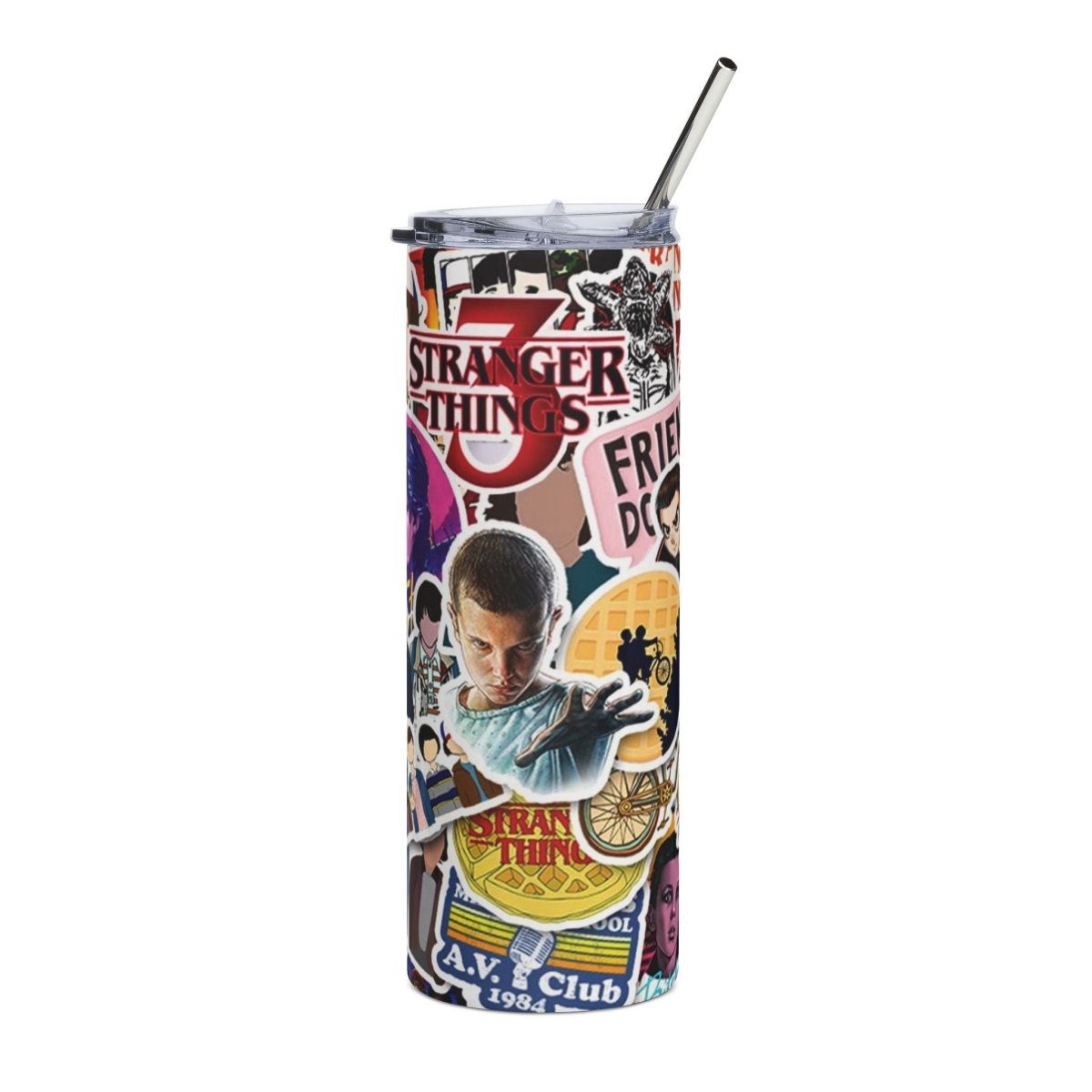 Stranger Things Sticker Collage Tumbler – 20oz Insulated Cup with Eleven & Logos - East Coast Gifts