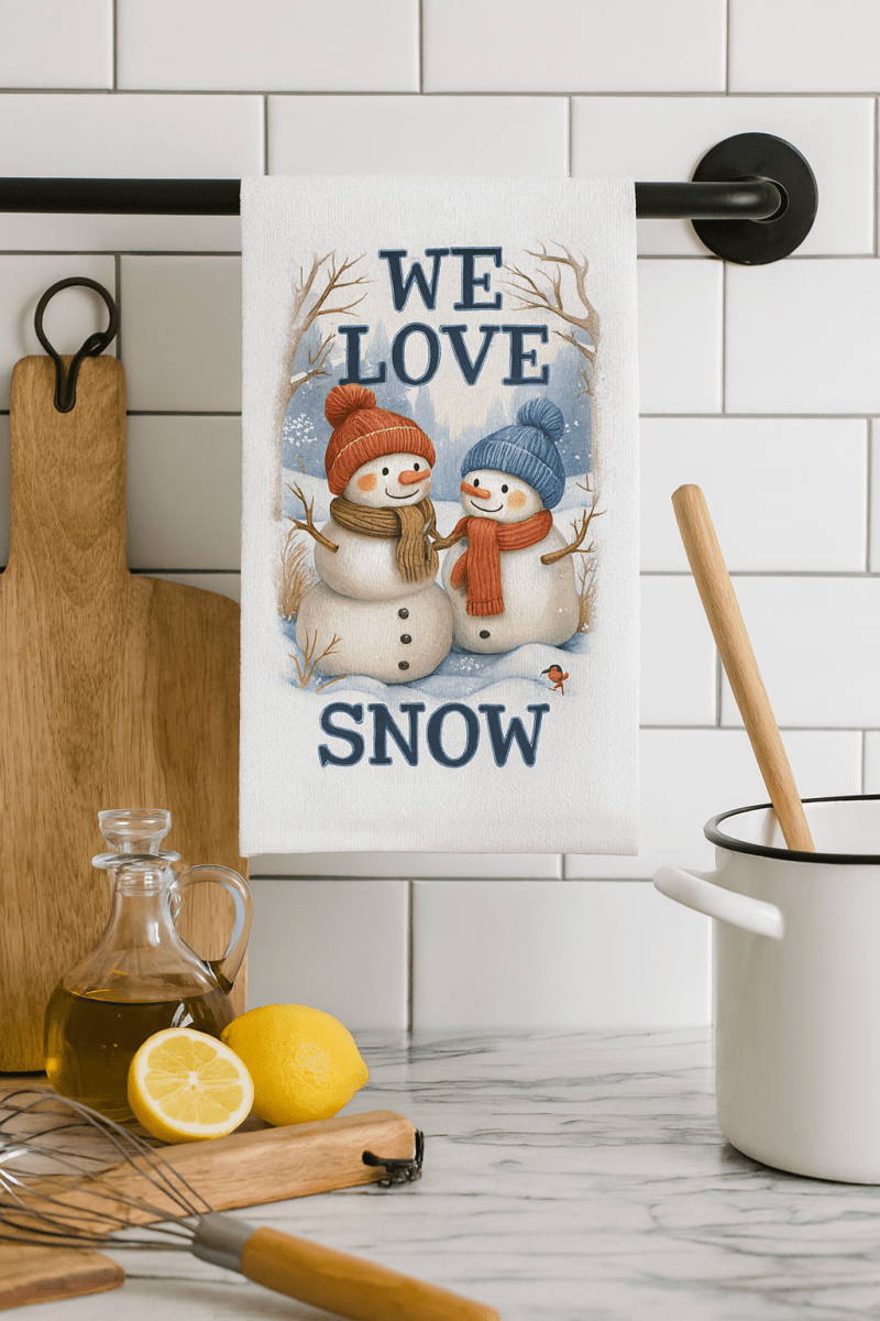 We Love Snow Snowman Kitchen Towel – Cute Winter Decor - East Coast Gifts